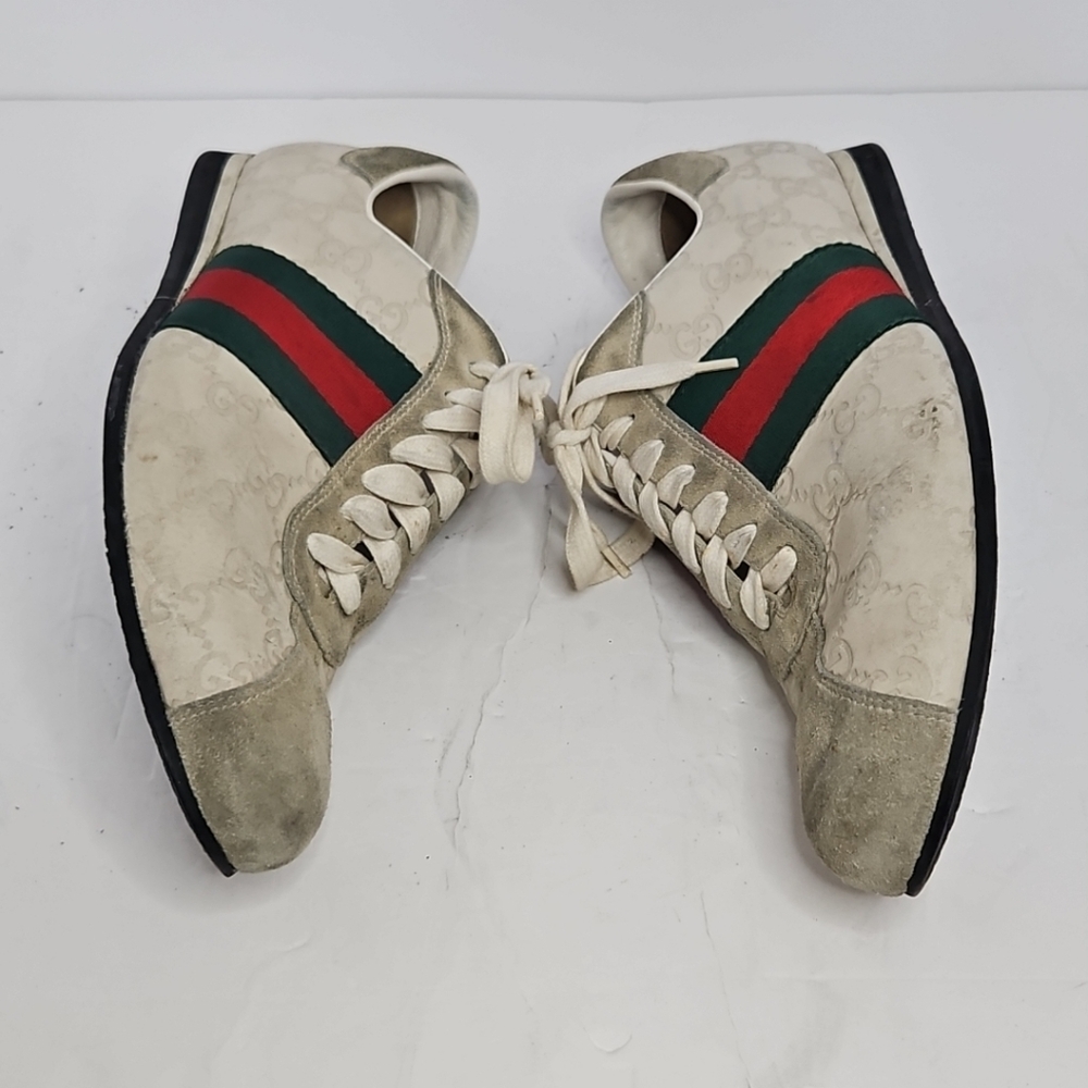 Gucci Cream Suede And Leather Web Low Top Sneakers Size 7.5 US - Picture 3 of 11